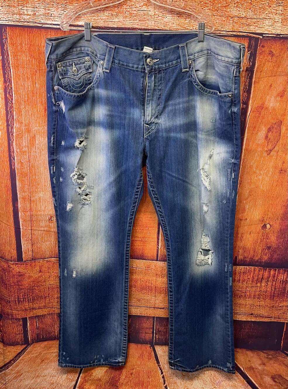 True Religion World Tour Section Straight Distressed Denim Jeans Sz 44 x 34